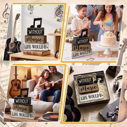Moucuny 4 Pcs Music Notes Decor Wooden Centerpiece Musicical Party Decoration Musical Notes Theme Tiered Tray Table Signs, Farmhouse Wood Book Stack Decor Office Accessories for Music Home Room Gift