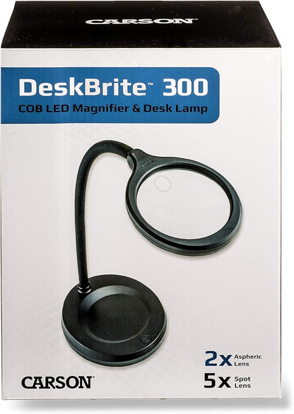 Carson DeskBrite300 COB LED Lighted 2x Aspheric Magnifier & Desk Lamp with 5x Spot Lens with Included USB-C Power Adapter, Black (LM-30)