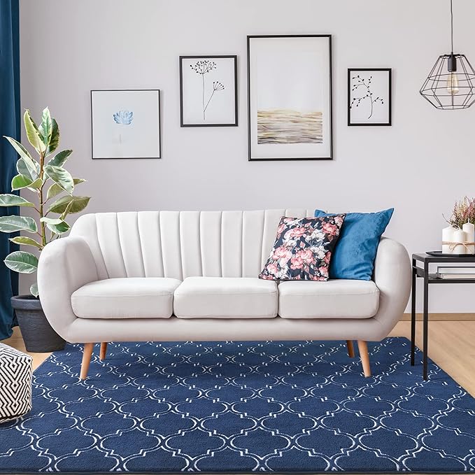 Chicrug Shag Geometric Modern Area Rug for Bedroom, 6x9 Feet Memory Foam Indoor Carpet, Fluffy Rug for Living Room Bedside Room Decor for Family Girls Kids Nursery Play Mat, Navy/White
