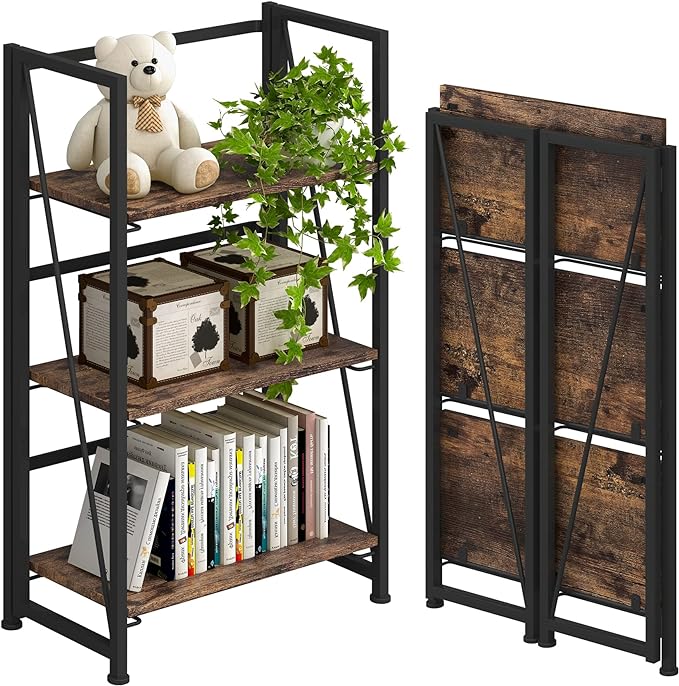 4NM No-Assembly Folding Bookshelf Storage Shelves 3 Tiers Vintage Bookcase Standing Racks Study Organizer Home Office (Rustic Brown and Black)