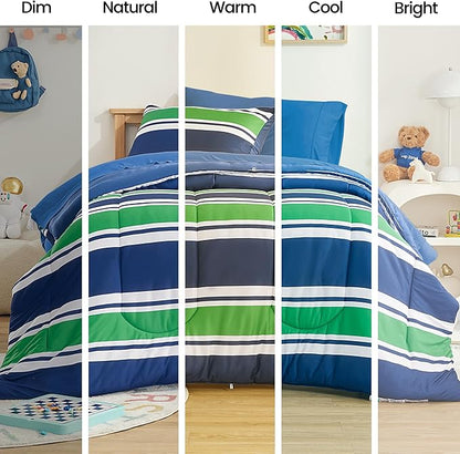 SLEEP ZONE Teens Boys Green Navy Stripe Kids Jersey Knit Comforter Set, Cute & Soft Bedding Set 2 Pieces with Comforter and Pillowcase, Washable, Easy Care (Rugby Stripe Navy/Green, Twin)