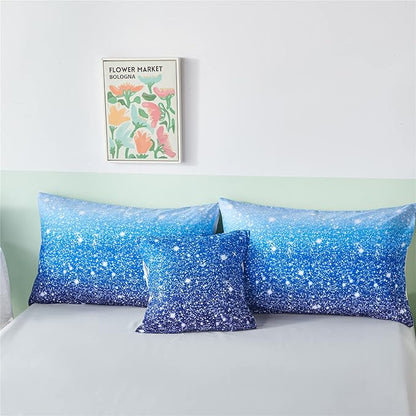 RYNGHIPY 6Pcs Gradient Aqua Blue Navy Ombre Comforter Sets with Sheets Pillowcases, Full Size Sparkle Glitter Design Comforter Bedding Collections for Kids Boys and Girls