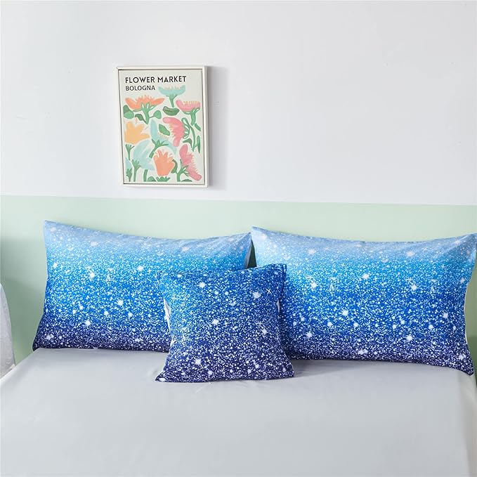 RYNGHIPY 6Pcs Gradient Aqua Blue Navy Ombre Comforter Sets with Sheets Pillowcases, Queen Size Sparkle Glitter Design Comforter Bedding Collections for Kids Boys and Girls