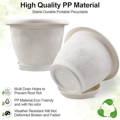 8 Inch Flower Pots Planters for Indoor Outdoor Plants, 4 Pack Plastic Small Plant Pots with Drainage Hole & Tray, Modern Decorative Garden Pot with Saucer, Plant Container for House