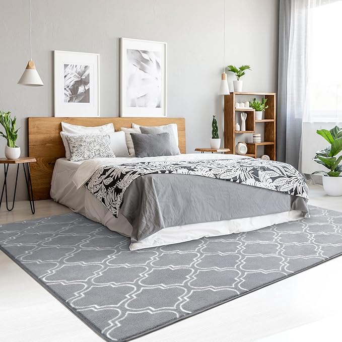 Chicrug Shag Geometric Modern Area Rug for Living Room, 7x10 Feet Large Memory Foam Indoor Carpet, Fluffy Rug for Bedroom Bedside Room Decor for Family Girls Kids Nursery, Grey/White