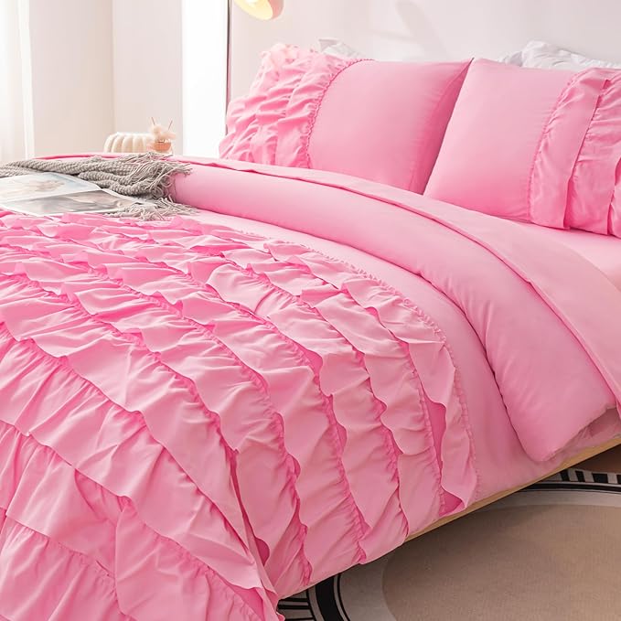 Teen Girls Pink Princess Dress Comforter Set Queen Size, 5 Pcs Bed in a Bag Girls Queen, Girls Pink Ruffled Bedding Set, Teen Bedding Sets for Girls Kids with Sheets