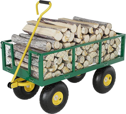 500 Lbs Garden Wagon, 2-in-1 Heavy-Duty Steel Garden Cart, with 10 Inch All-Terrain Tires and Removable Mesh Side Panels, 180° Rotating Handle, Metal Multi-Function Carts, Outdoor Gardens Wagon Cart