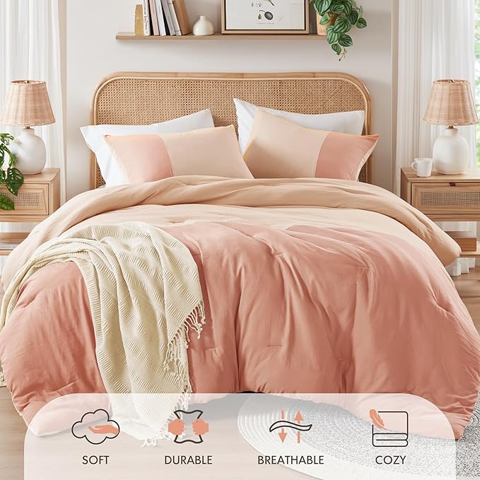 Pink Twin Comforter Set - Modern Soft Farmhouse Bedding for Teen Girls, Kids Colorblock Pattern Bed Sets for All Season, 2 Pieces includes 1 Comforter, 1 Sham (66"x 90")