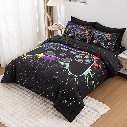 8Pcs Gamer Comforter Set with Sheets for Boys Girls Kids Teens, Colorful Graffiti Gaming Themed Bed in A Bag Full Size, Black 3D Video Game Controller Bedroom Decor Bedding Set-Black