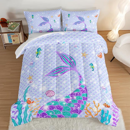 HOSIMA Mermaid Tail Comforter Set 3Pcs with 2 Pillowcases,Purple Fish Scales Bedding Set for Girls Kids Women,Cartoon Ocean Life Sea Animal King Size Comforter Set Mermaid Room Decor