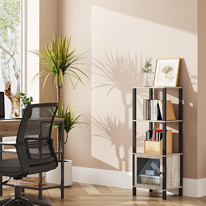 TUTOTAK 4 Tier Bookcase and Bookshelf, Narrow Book shelf with Door for Small Space, for Living Room, Office, Study, Entryway, Greige BS03BG004