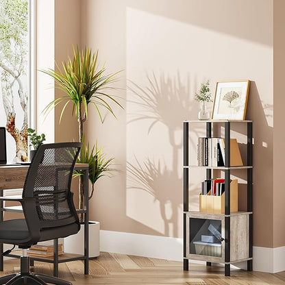 TUTOTAK 4 Tier Bookcase and Bookshelf, Narrow Book shelf with Door for Small Space, for Living Room, Office, Study, Entryway, Greige BS03BG004