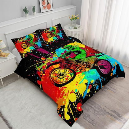 Axolotl Motocross Bedding Set Twin,Dirt Bike Comforter Set,Extreme Sports Bedding,Motorcycle Racer Comforter Set Motocross Comforter Motor Vehicles Biker for Boys Kids Teens Men,1 Quilt 2 Pillowcases