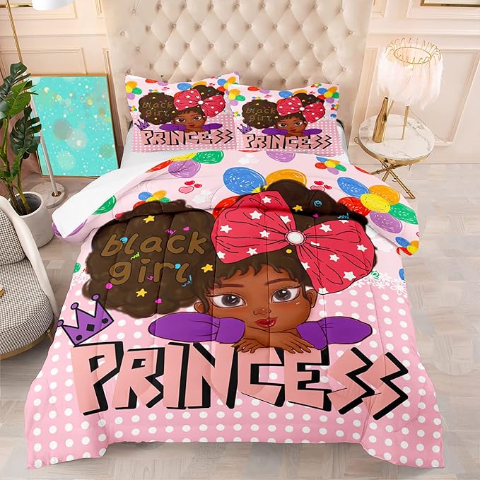 Black Girl Full Size Comforter Sets for Girls, African Black Girl Full Size Comforter Sets Girls Room Cute Full Size Comforter Set Pink Princess Full Size Bedding Set, Full (1 Comforter 2 Pillowcases)