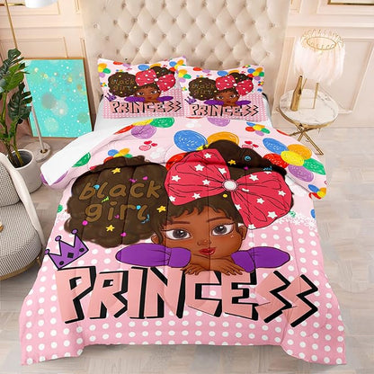 Black Girl Full Size Comforter Sets for Girls, African Black Girl Full Size Comforter Sets Girls Room Cute Full Size Comforter Set Pink Princess Full Size Bedding Set, Full (1 Comforter 2 Pillowcases)