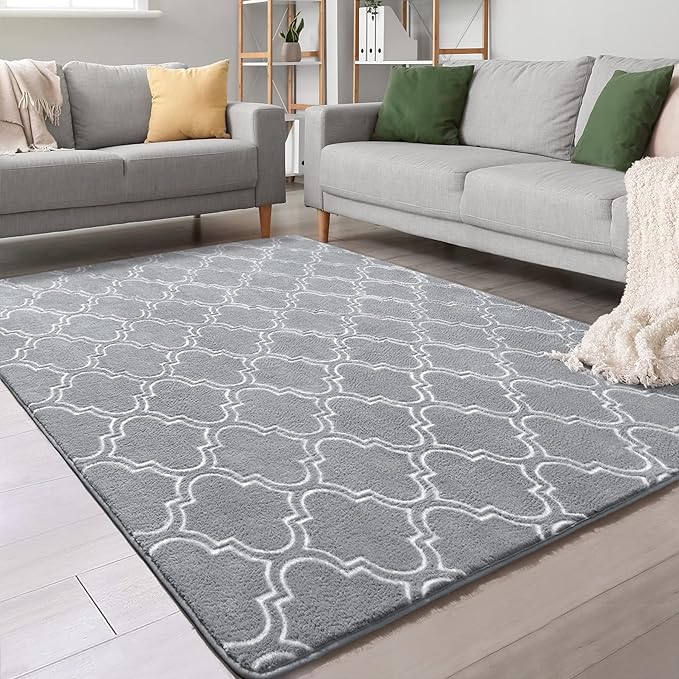 Chicrug Shag Geometric Modern Area Rug for Living Room, 7x10 Feet Large Memory Foam Indoor Carpet, Fluffy Rug for Bedroom Bedside Room Decor for Family Girls Kids Nursery, Grey/White