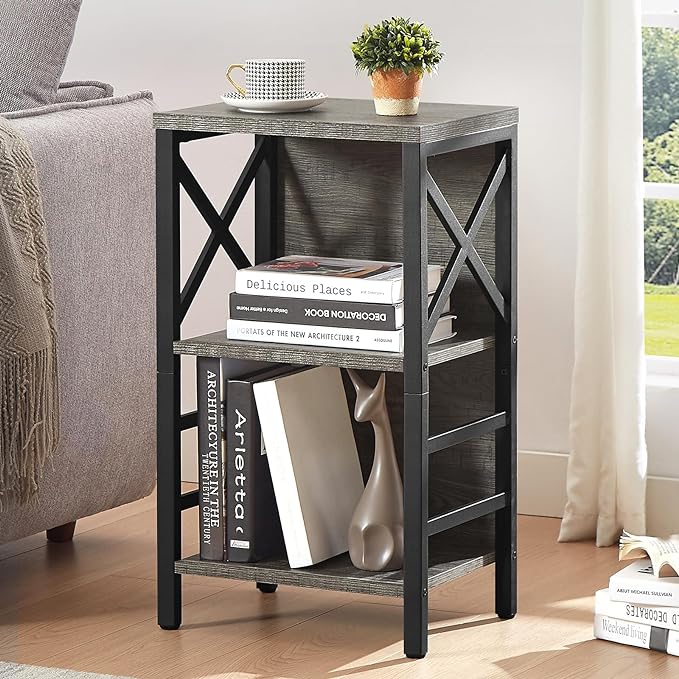 Bookcase, Industrial Small Bookshelf,3-Tier Bookcase Storage Organizer, Small Book Shelf for Small Spaces, Living Room, Bedroom and Home Office, Gray