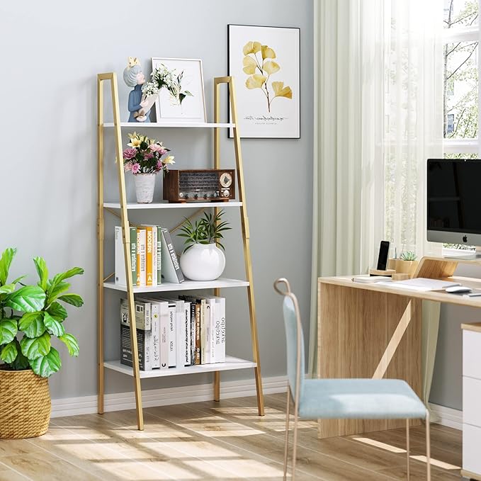 finetones Bookshelf 4 Tier, Wood Bookcase with Metal Frame, Open Display Storage Ladder Shelf, Plant Flower Stand Storage Rack for Home Office White/Gold