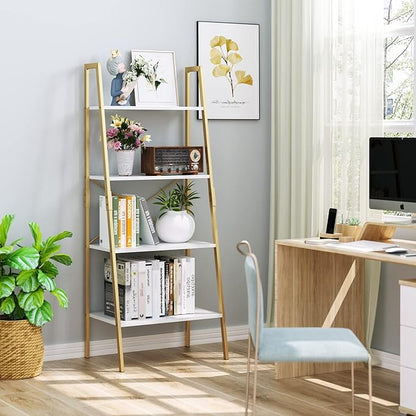 finetones Bookshelf 4 Tier, Wood Bookcase with Metal Frame, Open Display Storage Ladder Shelf, Plant Flower Stand Storage Rack for Home Office White/Gold