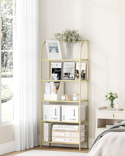 Bookcase Bookshelf, Tempered Glass Arched Bookshelf for More Storage, Slim Shelving Unit for Bedroom, Bathroom, Home Office, Steel Frame, Wide 5 Tier Gold BC22599G