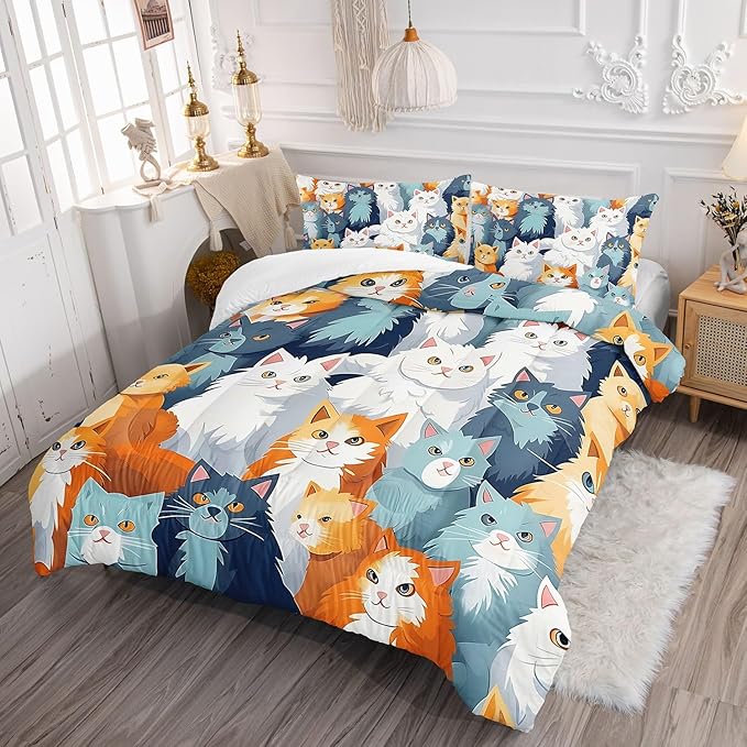 Datura home Kids Comforter Set Cute Cats Printed Pattern Bedding Set with 1 Comforter and 2 Pillowcases for Girls Boys Bedroom All Season(Cat Queen)