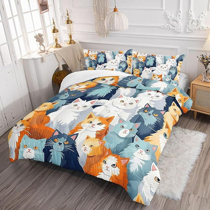 Datura home Kids Comforter Set Cute Cats Printed Pattern Bedding Set with 1 Comforter and 2 Pillowcases for Girls Boys Bedroom All Season(Cat Queen)