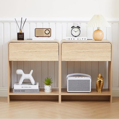 Fluted Nightstand Set of 2 with Charging Station, Modern Bed Side Table End Table with Drawer Storage, Large Wooden Night Stands Bedside for Bedroom Living Room Sofa Office, Natural 2 Sets