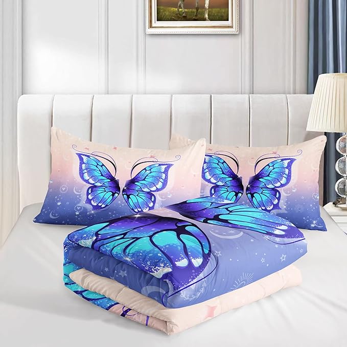 Datura home Bedding Comforter Set Pink Purple Butterfly Printed Pattern Quilt with 1 and 2 Pillowcases for Girls Bedroom All Season(Butterfly Queen) Queen 90x90inches