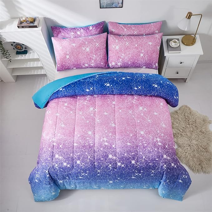 Purple Glitter Comforter Set Twin Size for Girls, Sparkle Galaxy Twinkle Starlight Comforter for Twin(2-Piece)