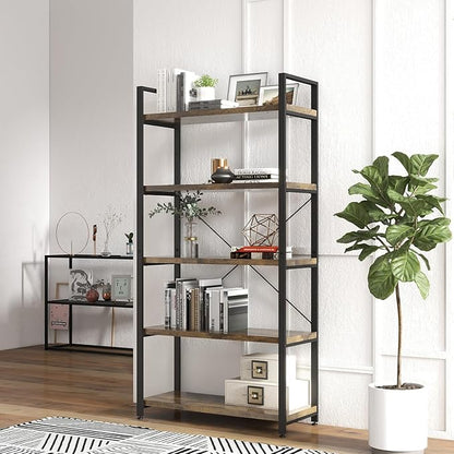 Panana 5 Tier Industrial Rustic Wooden Bookshelves, Vintage Open Wood and Metal Farmhouse Bookshelf Heavy Duty Storage Shelving Unit Rack (Brown)