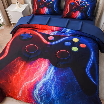 Meeting Story Gamer Gaming Bedding Sets Red Blue Lightnings Gamepad Comforter Set for Boys Games Console Action Buttons Novelty Colorful Modern Room Decor Home Quilt Set (Red-Blue, Full 5Pcs)