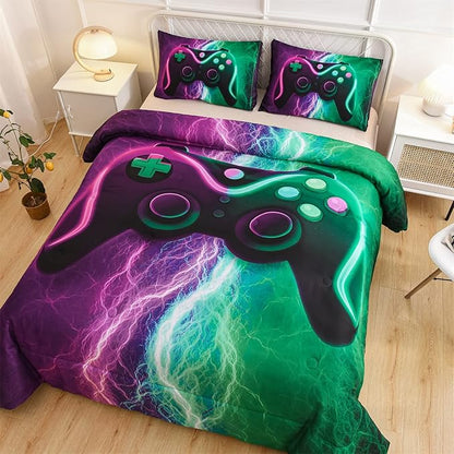 Meeting Story Gamer Comforter Sets for Boys Queen Size Tie Dye Lightnings Gamepad Bedding Set Games Console Action Buttons Novelty Colorful Modern Room Decor Home Quilt Set (Queen, Green-Purple)