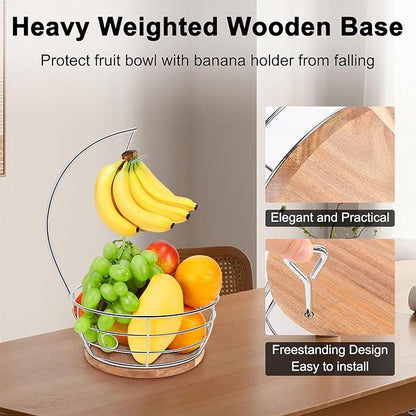 Livabber Countertop Fruit Basket Bowl with Banana Hanger, Modern Standing Fruit Vegetable Bowl Storage, with Banana Tree Holder for Kitchen Dinning Table (Round Wood, Chrome)