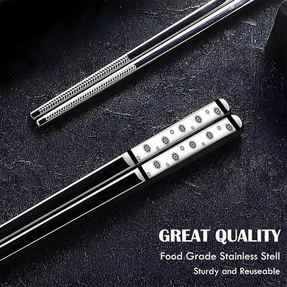 Metal Chopsticks Reusable,18/8 Stainless Steel,Silver,5PC Cherry Blossom | Gift Box Set,Square,Lightweight, Non-Slip,Laser Engraved Patterns No fade