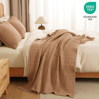 PHF 100% Cotton Waffle Weave Throw Blanket, Soft Lightweight Breathable Cozy Summer Throws for Couch Bed Sofa, Luxury Aesthetic Woven Blanket for Home Decor & Office, 50"x60", Camel