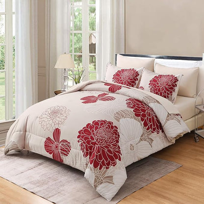 Yiran 7 Pieces Queen Comforter Set Red Floral Bed in a Bag Soft Microfiber Bedding Set 90"×90"(1 Comforter 1 Flat Sheet 1 Fitted Sheet 2 Pillowshams 2 Pillowcases)