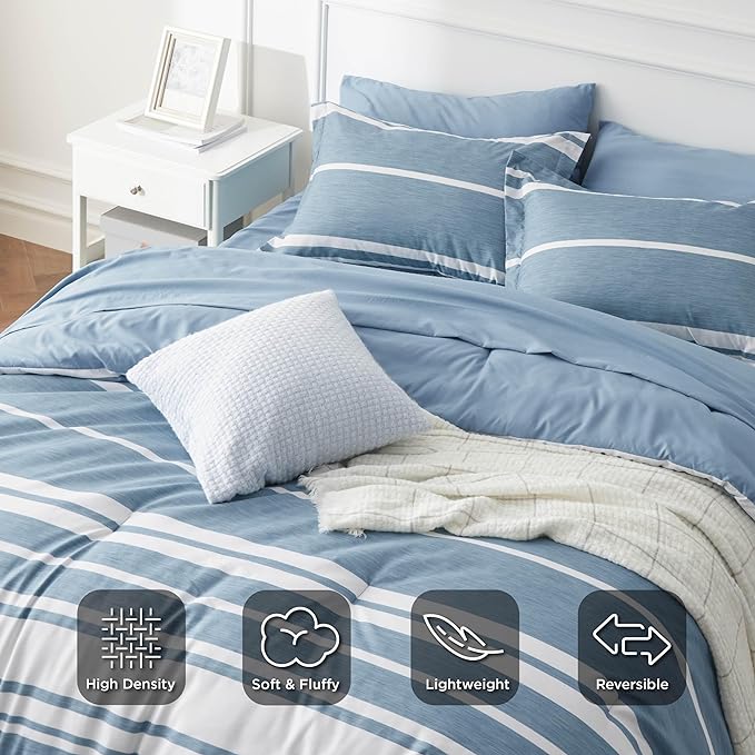 Bedsure Full Size Bed Sets 7 Pieces - Blue Striped Beddubg All Season Comforter Set, Bed in a Bag with 1 Comforter, 2 Sheets, 2 Pillowcases & 2 Shams