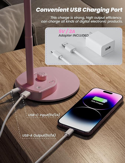 BOHON Cute Desk Lamp with USB Charging Port, Pink Lamp 3 Color Modes Dimmable Reading Lamp, Flexible Gooseneck Table Light Auto Dimming Task Lamp, LED Desk Light for Home Office Dorm Bedside, Pink