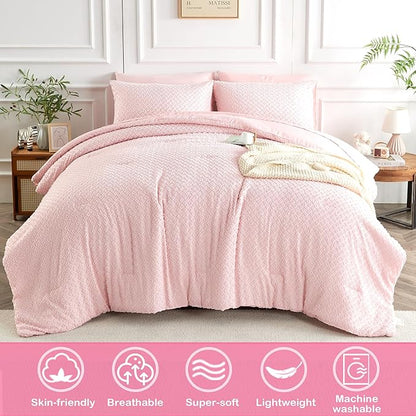 Twin Size Tufted Kids Comforter Set 6 Piece Pink Jacquard Tufts Embroidery Bedding Set for Girls Bed in A Bag Quilt with 1 Comforter, 1 Flat Sheet, 1 Fitted Sheet, 1 Pillowcase and 2 Pillow Sham