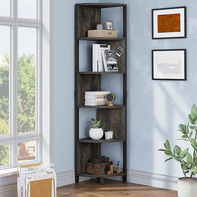 YITAHOME 6-Tier Corner Shelf, 68.8" Tall Industrial Free Standing Corner Bookshelf, 6 Shelf Display Corner Bookcase Open Small Book Shelves for Bedroom, Living Room, Small Space, Charcoal Gray + Black
