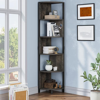YITAHOME 6-Tier Corner Shelf, 68.8" Tall Industrial Free Standing Corner Bookshelf, 6 Shelf Display Corner Bookcase Open Small Book Shelves for Bedroom, Living Room, Small Space, Charcoal Gray + Black