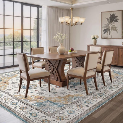 Washable Area Rugs for Living Room - 5x7 Neutral Vintage Distressed Floral Farmhouse Boho Large Soft Floor Rug Indoor Non Slip Carpet for Living Room Bedroom Dining Room Office - Blue/Yellow/Beige