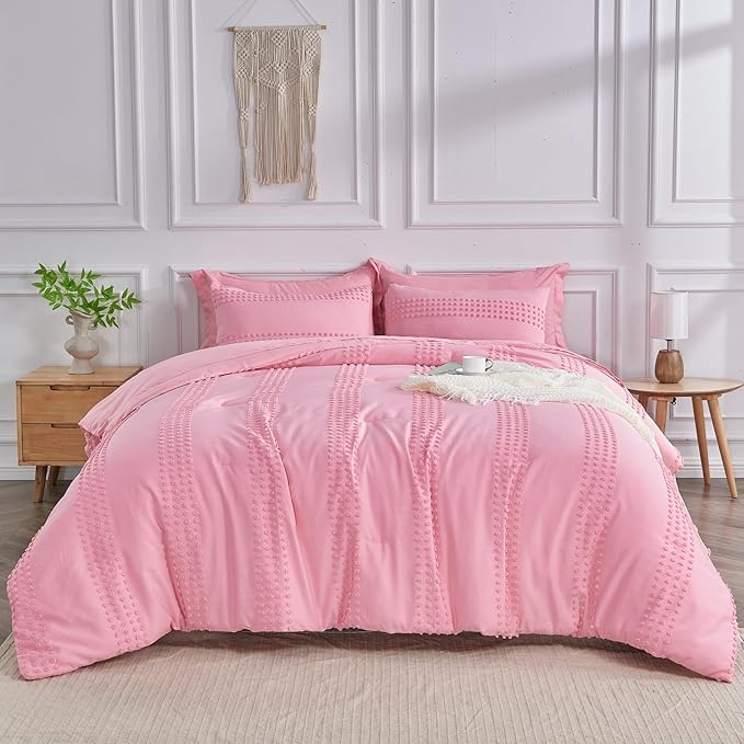 ENJOHOS Girls Twin Bedding Set Pink Twin XL Comforter, 3 PCS Boho Comforter with Tufted Dots, Shabby Chic Bedding Comforter for All Season, Lightweight Fluffy Microfiber Comforter with 2 Pillowcases