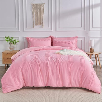 ENJOHOS Girls Twin Bedding Set Pink Twin XL Comforter, 3 PCS Boho Comforter with Tufted Dots, Shabby Chic Bedding Comforter for All Season, Lightweight Fluffy Microfiber Comforter with 2 Pillowcases