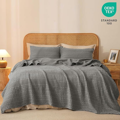 PHF 100% Cotton Waffle Weave Blanket Queen Size, Soft Lightweight Breathable Cozy Summer Blankets for Bed, Luxury Aesthetic Woven Bedding for Home Decor, 90"x90", Dark Grey