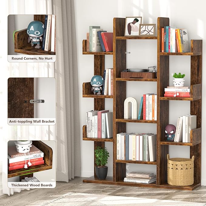 Aheaplus Bookshelf, Tree-Shaped Bookcase Storage Shelf with 13 compartments, Books Organizer Display Cube Shelves, Industrial Free Floor Standing Wood Open Bookshelves for Home