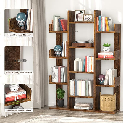 Aheaplus Bookshelf, Tree-Shaped Bookcase Storage Shelf with 13 compartments, Books Organizer Display Cube Shelves, Industrial Free Floor Standing Wood Open Bookshelves for Home