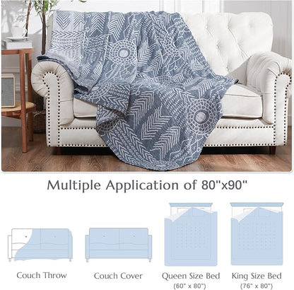 jinchan Boho 100% Cotton Muslin Blanket 3-Layer Queen Size 80x90 Inches Geometric Blue Lightweight Reversible Soft Cozy Comfy Throw for Couch Sofa Bed Coverlet Quilt Large Blanket Bedroom All Seasons