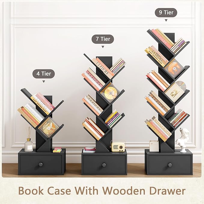 4 Tier Tree Bookshelf with Drawer, Small Tree Bookcase, Modern Table Top Book Shelf Organizer Shelves for Living Room, Bedroom, Home Office, Black