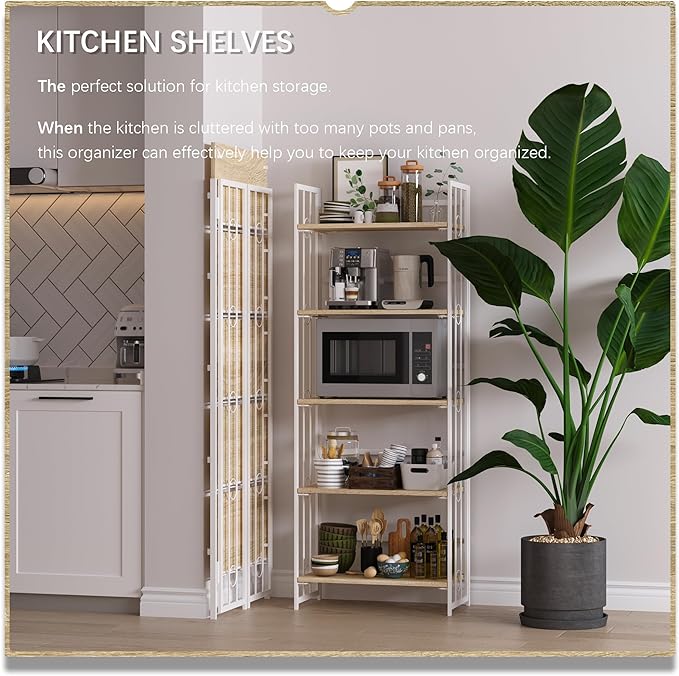 4NM No-Assembly 5 Tiers Folding Bookshelf Storage Shelves Vintage Bookcase Standing Racks Study Organizer Home Office - Natural and White